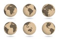 Ancient map on earth globe planet. Historical world 3d design. Vintage brown color land. Vector illustration