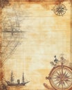 An ancient map of the world featuring a ship and a compass upon it Royalty Free Stock Photo