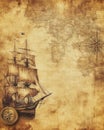 An ancient map of the world featuring a ship and a compass upon it Royalty Free Stock Photo
