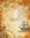 An ancient map of the world featuring a ship and a compass upon it Royalty Free Stock Photo