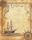 An ancient map of the world featuring a ship and a compass upon it Royalty Free Stock Photo