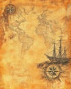 An ancient map of the world featuring a ship and a compass upon it Royalty Free Stock Photo