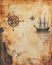 An ancient map of the world featuring a ship and a compass upon it Royalty Free Stock Photo
