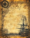 An ancient map of the world featuring a ship and a compass upon it Royalty Free Stock Photo