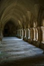 Ancient marble Column corridor of a medieval French abbey. Abbey of Fontenay, Burgundy, France, Europe