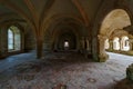 Ancient marble Column corridor of a medieval French abbey. Abbey of Fontenay, Burgundy, France, Europe