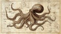 Ancient Maritime Map Featuring an Illustrated Octopus Sea Monster With Vintage Textures and a Blank Parchment Panel Royalty Free Stock Photo