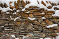 Ancient masonry covered with snow as a background or texture. Fragment of a stone wall. Royalty Free Stock Photo