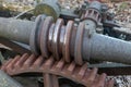 Ancient, massive, abandoned, rusting worm drive gear box showing wear
