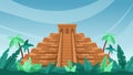 Ancient Maya pyramid. Mesoamerican architecture with lush tropical foliage cartoon vector background illustration