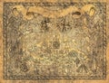 Ancient mayan or aztecs map with gods, old ships and temple on paper textured background Royalty Free Stock Photo