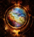 Ancient Mayan Calendar, Cosmic space and stars, abstract color Background, computer collage. Royalty Free Stock Photo