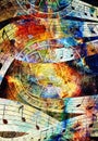 Ancient Mayan Calendar and Music note, Cosmic space with stars, abstract color Background, computer collage. circular Royalty Free Stock Photo