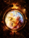 Ancient Mayan Calendar and woman hand in cosmic space. computer collage Royalty Free Stock Photo