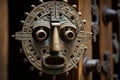 an ancient mayan mask on a wooden door