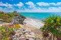 Ancient mayan ruins on a cliff by the seaside at Tulum in Mexico Royalty Free Stock Photo