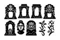 Ancient Mayan stone carvings and symbolic architectural elements vector collection black and white design Royalty Free Stock Photo