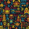 Ancient Mayan Symbols Are Intricately Woven In Embroidered Fabric. Seamless Background