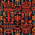 Ancient Mayan Symbols Are Intricately Woven In Embroidered Fabric. Seamless Background