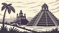 Ancient Mayan Temple and Pyramid with Palm Trees, vector design Generative AI Royalty Free Stock Photo