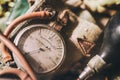 Ancient medical equipment: close-up retro manometer, blowing pear. Vintage background from a collection of antiques. Close-up