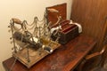 Ancient medicine box and bottle stand on the old table