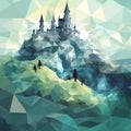 Ancient medieval castle on a high mountain, polygonal graphics, good background,