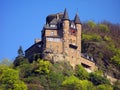 Ancient medieval castle on a mountain against a blue sky, Germany, castles on the banks of the Rhine