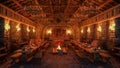 Ancient medieval dining hall with meat roasting over an open fire. 3D rendering