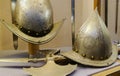 Ancient medieval helmets on display