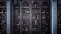 An ancient medieval library with old books and cobweb-covered bookshelves. 3D Rendering. Royalty Free Stock Photo