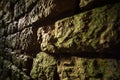 Ancient medieval limestone walls with moss, soft focus