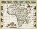 An ancient medieval map of Africa by Frederik de Wit. 1660-1670. Sepia, illustrations.
