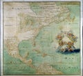 An ancient medieval map of Americas and Caribbean Islands region. 1681.