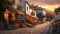 Ancient medieval town illuminated by sunset, showcasing rustic European architecture generated by AI