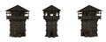 Ancient medieval wooden tower building with balcony on the top floor. Isolated 3D rendering with 3 angles