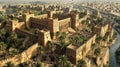 Ancient Mesopotamian city with towering walls and lush greenery
