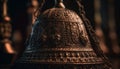 Ancient metal bell hanging, meditating in foreground generated by AI