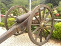 Bangalore, Karnataka, India - November 23 2018 Ancient cannon with wooden wheels