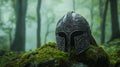 Ancient Metal Helmet Resting on Moss in Misty Forest Royalty Free Stock Photo