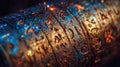 Ancient metallic cylinder featuring mysterious engraved symbols illuminated by warm glowing sparks with a textured rustic surface Royalty Free Stock Photo