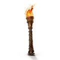 Ancient metallic torch isolated on white created with Generative AI. Burning flames.