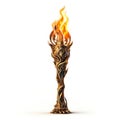 Ancient metallic torch isolated on white created with Generative AI. Burning flames.