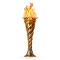 Ancient metallic torch isolated on white created with Generative AI. Burning flames.