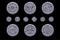Ancient Mexican mythology symbols isolated on stone coin. American aztec, mayan culture native totem. Vector icons.