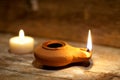 Ancient Middle Eastern oil lamp made in clay on wood table Royalty Free Stock Photo