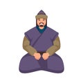 Ancient mongolian warrior in purple clothes is sitting on the ground