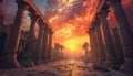 Ancient monuments illuminates majestic sunset, revealing stunning architecture