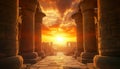 Ancient monuments illuminates majestic sunset, revealing stunning architecture