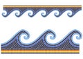 Ancient mosaic wave, seamless sea border in portuguese style, decorative tessellation stone ornament
